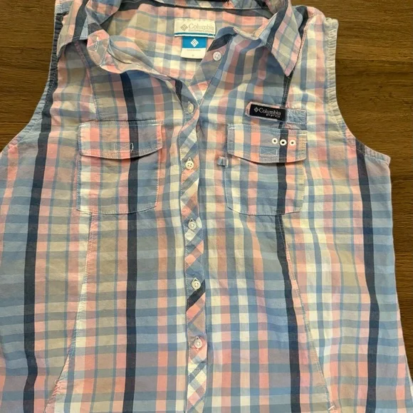 Columbia Women’s Plaid Sleeveless Cotton  Henley Dress Pockets Blue Pink Sz S - Picture 3 of 8